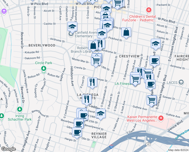 map of restaurants, bars, coffee shops, grocery stores, and more near in Los Angeles