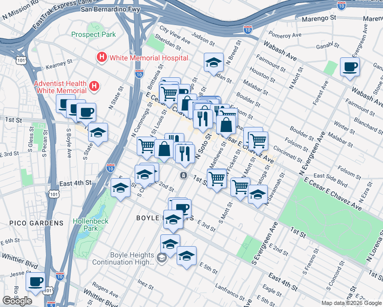 map of restaurants, bars, coffee shops, grocery stores, and more near 2316 Michigan Avenue in Los Angeles