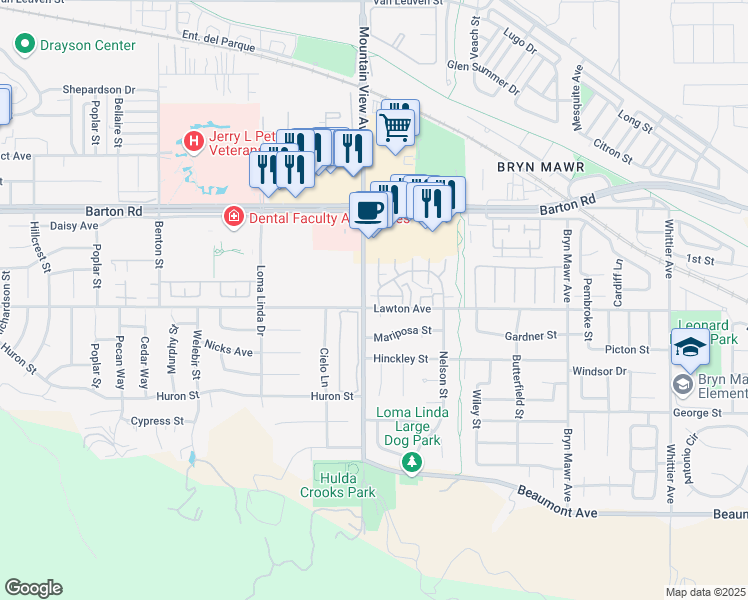 map of restaurants, bars, coffee shops, grocery stores, and more near 25730 Lawton Avenue in Loma Linda