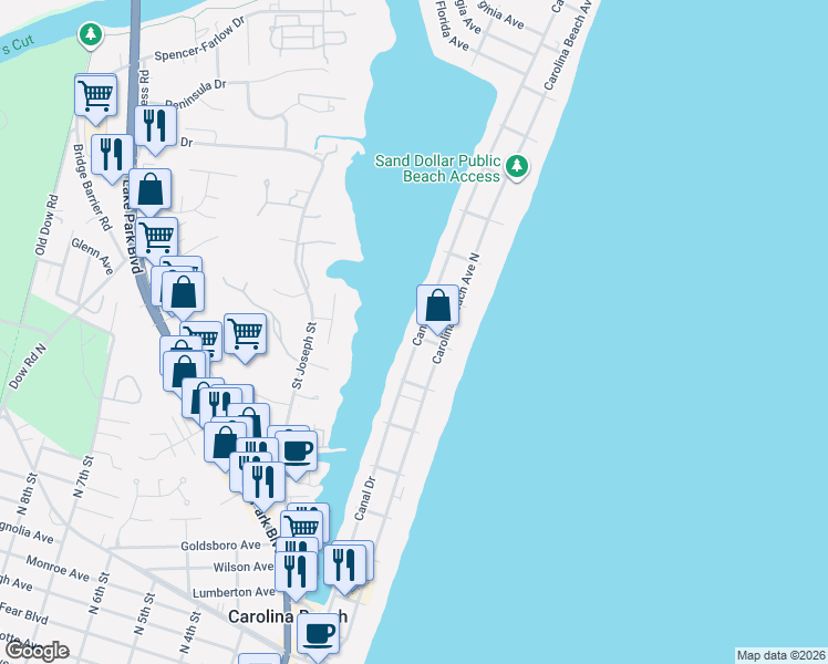 map of restaurants, bars, coffee shops, grocery stores, and more near 901 Canal Drive in Carolina Beach