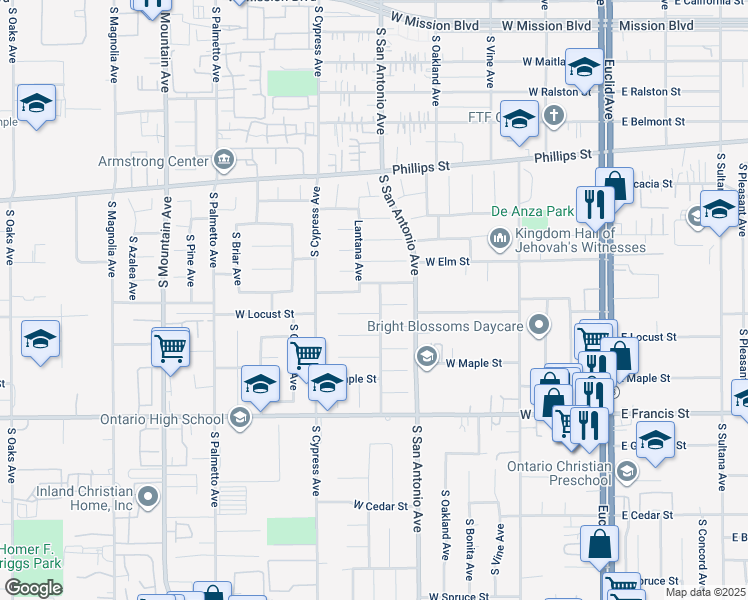 map of restaurants, bars, coffee shops, grocery stores, and more near 1546 Redwood Avenue in Ontario