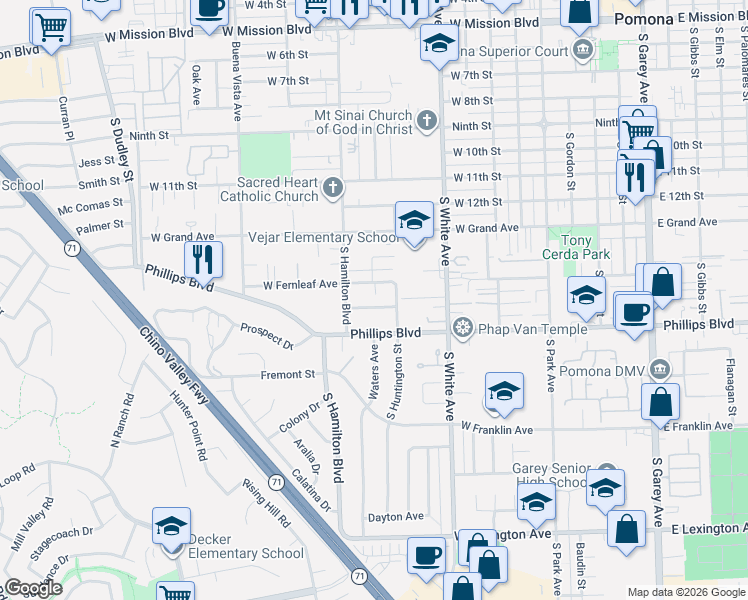 map of restaurants, bars, coffee shops, grocery stores, and more near 1076 West Fernleaf Avenue in Pomona