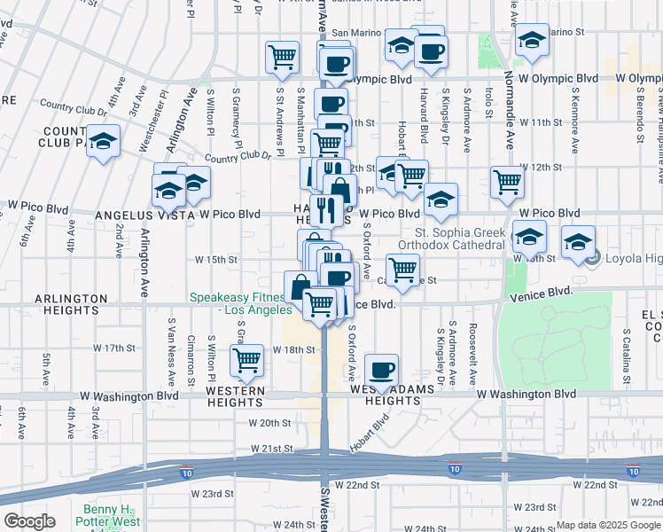 map of restaurants, bars, coffee shops, grocery stores, and more near 2982 West 15th Street in Los Angeles