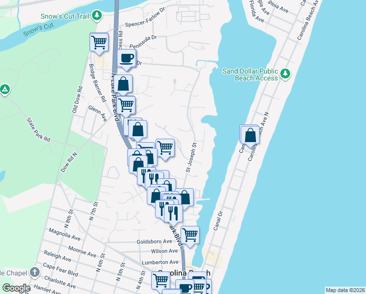map of restaurants, bars, coffee shops, grocery stores, and more near 1105 St Joseph St in Carolina Beach