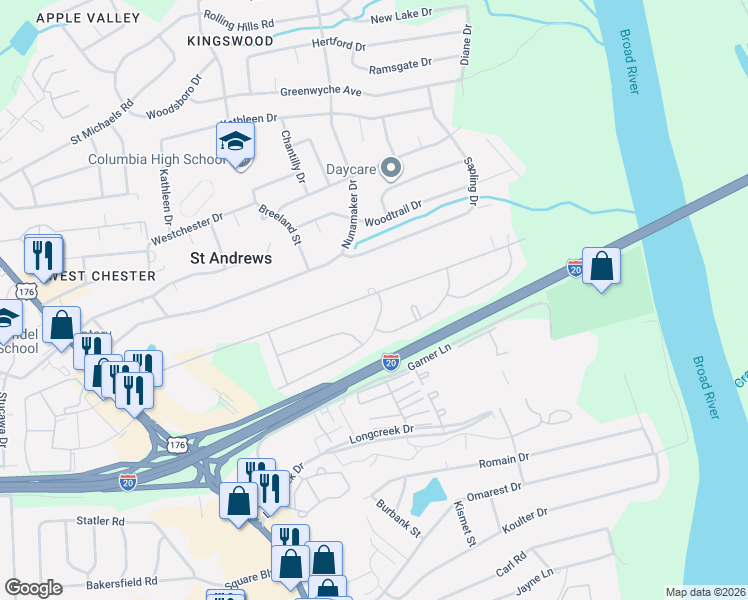 map of restaurants, bars, coffee shops, grocery stores, and more near 1820 Marley Drive in Columbia