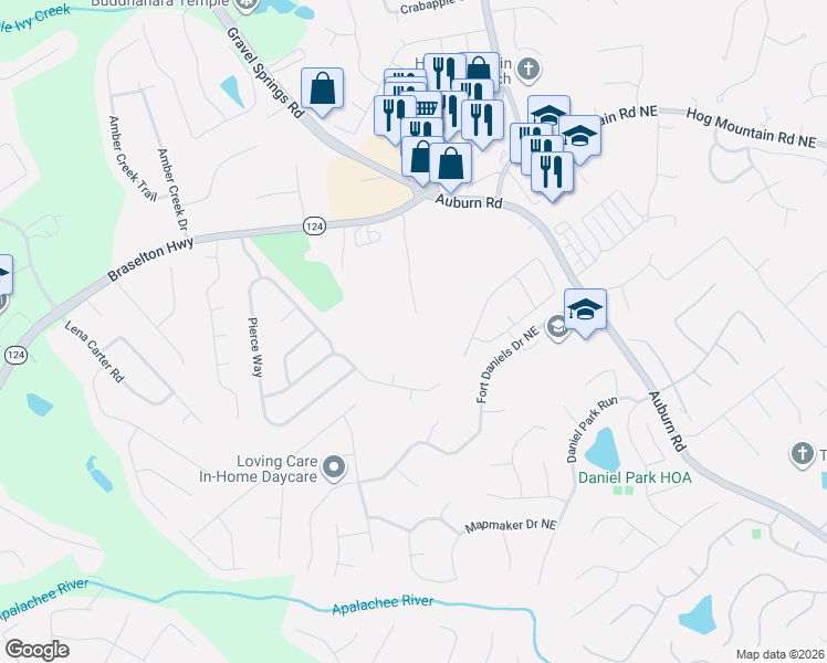 map of restaurants, bars, coffee shops, grocery stores, and more near 1825 Oak Wind Lane Northeast in Buford