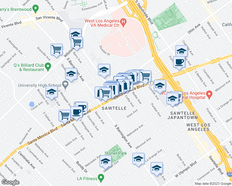 map of restaurants, bars, coffee shops, grocery stores, and more near 1519 Colby Avenue in Los Angeles