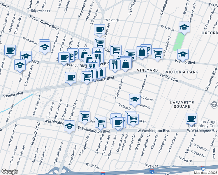 map of restaurants, bars, coffee shops, grocery stores, and more near 4843 West 17th Street in Los Angeles