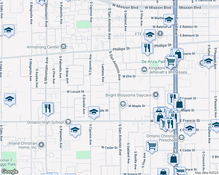 map of restaurants, bars, coffee shops, grocery stores, and more near 1546 Redwood Avenue in Ontario