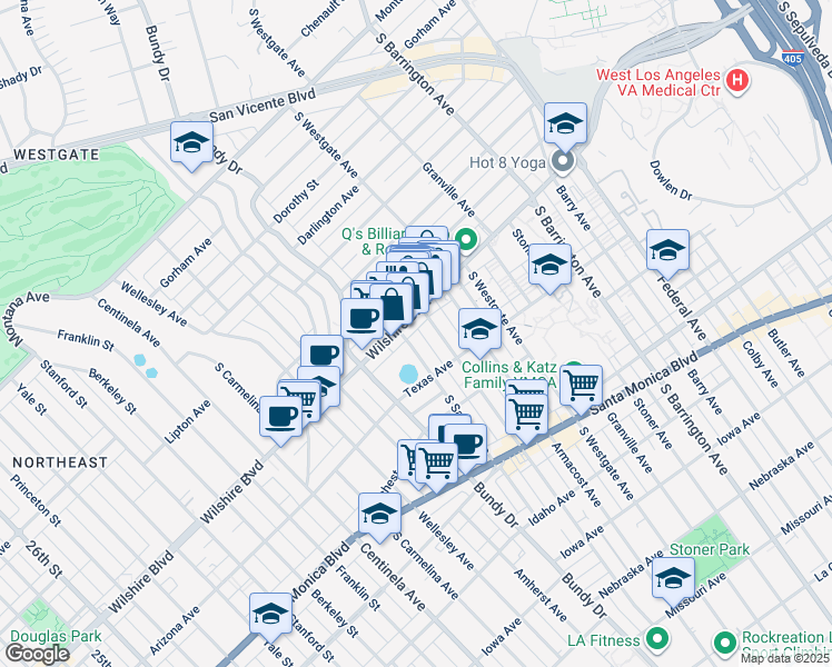 map of restaurants, bars, coffee shops, grocery stores, and more near 1216 South Saltair Avenue in Los Angeles