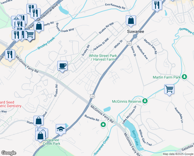 map of restaurants, bars, coffee shops, grocery stores, and more near 992 Harvest Park Lane in Suwanee