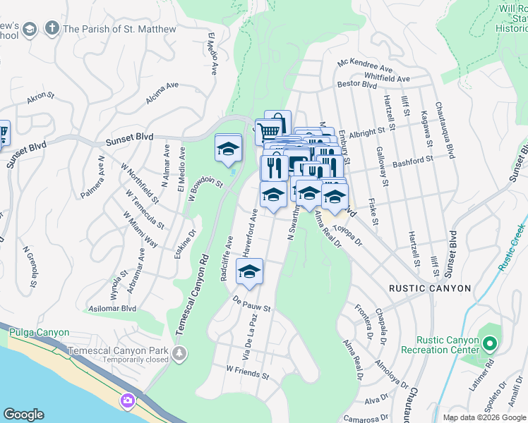map of restaurants, bars, coffee shops, grocery stores, and more near 808 Haverford Avenue in Los Angeles