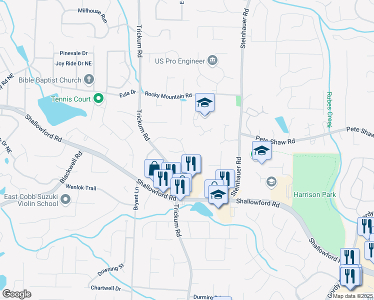map of restaurants, bars, coffee shops, grocery stores, and more near 2290 Wickingham Drive Northeast in Marietta