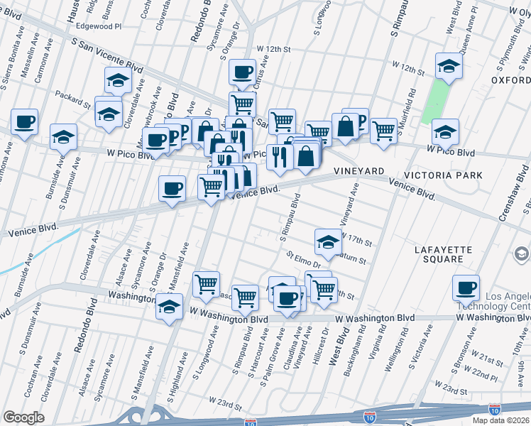 map of restaurants, bars, coffee shops, grocery stores, and more near 4842 West 17th Street in Los Angeles