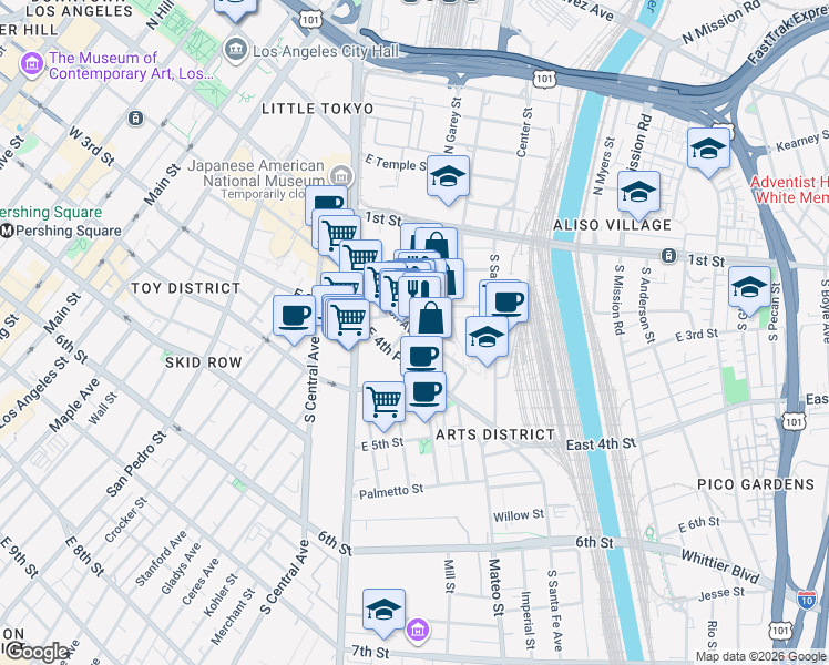map of restaurants, bars, coffee shops, grocery stores, and more near 629 Traction Avenue in Los Angeles