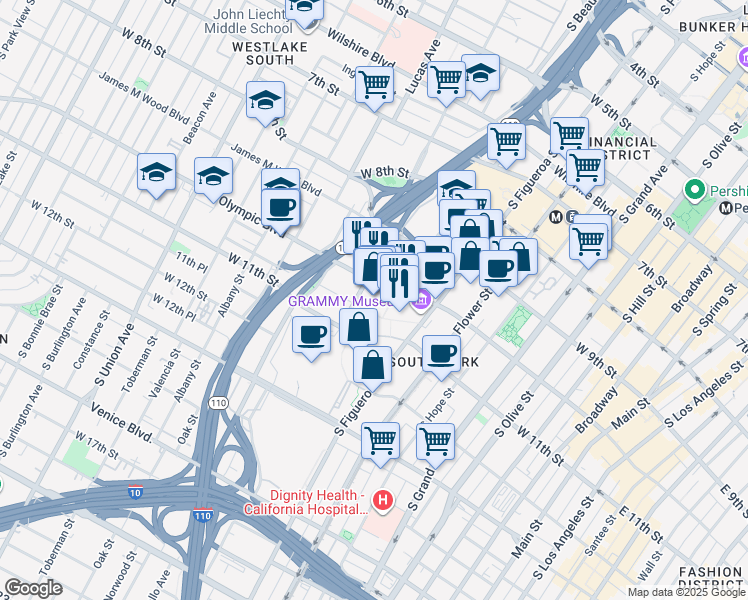 map of restaurants, bars, coffee shops, grocery stores, and more near 903 West Olympic Boulevard in Los Angeles