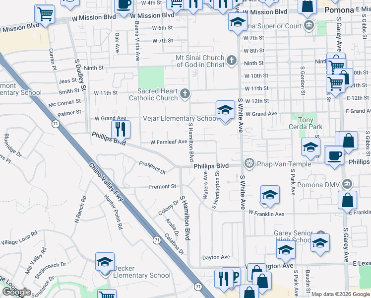 map of restaurants, bars, coffee shops, grocery stores, and more near 1138 West Fernleaf Avenue in Pomona