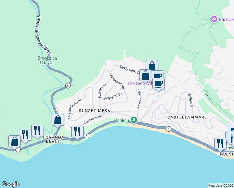 map of restaurants, bars, coffee shops, grocery stores, and more near 3709 Surfwood Road in Malibu