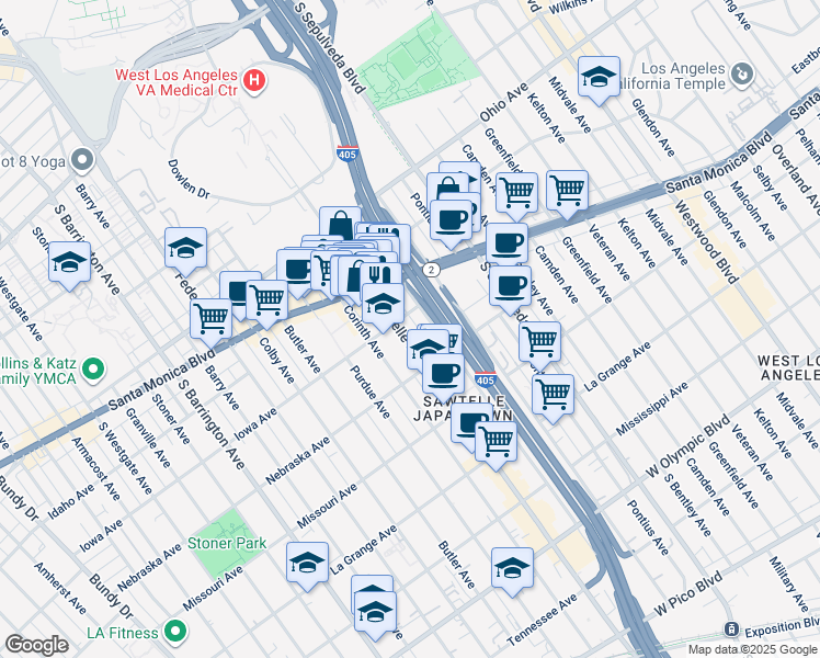 map of restaurants, bars, coffee shops, grocery stores, and more near 1700 Sawtelle Boulevard in Los Angeles