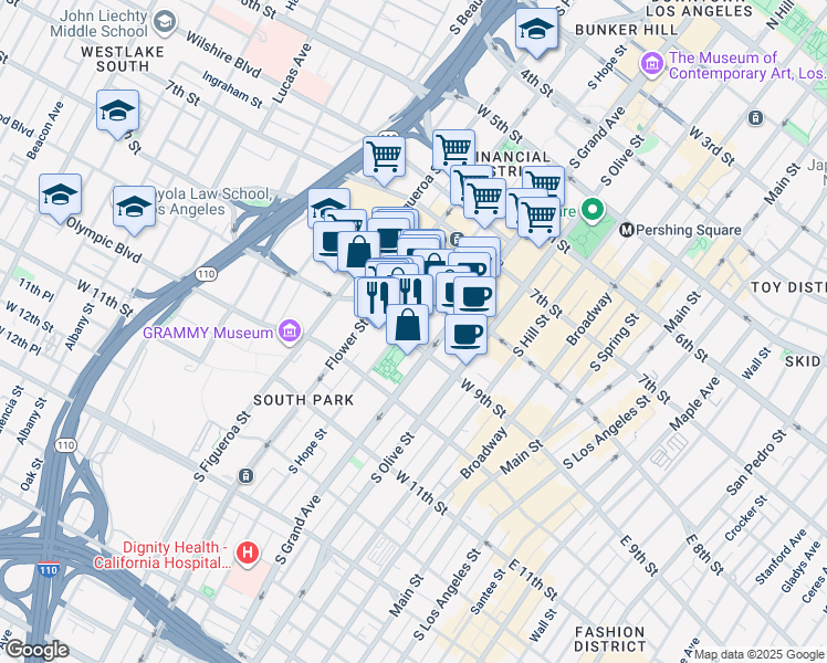 map of restaurants, bars, coffee shops, grocery stores, and more near 888 South Hope Street in Los Angeles