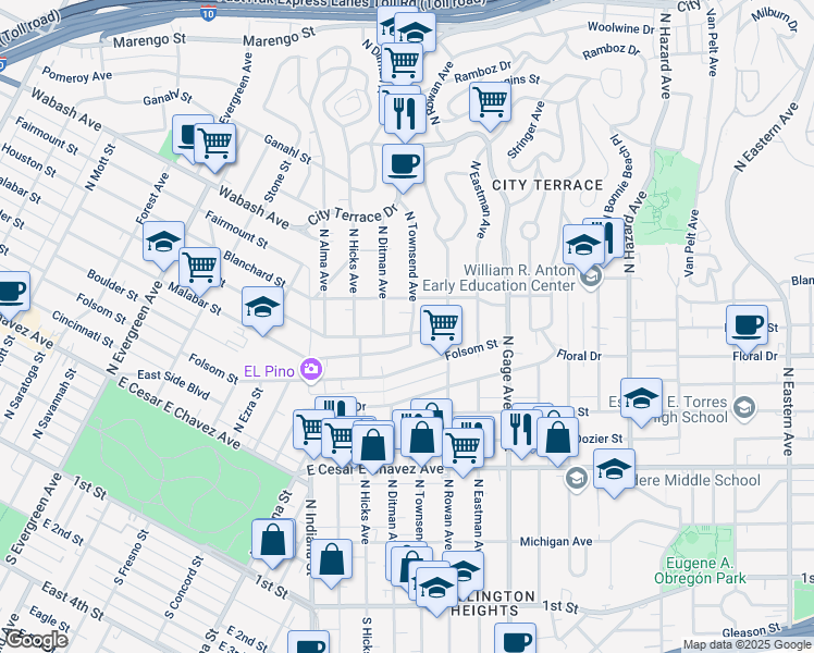 map of restaurants, bars, coffee shops, grocery stores, and more near 824 North Townsend Avenue in Los Angeles