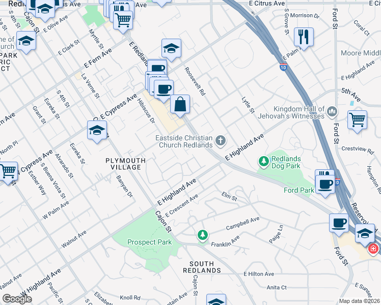 map of restaurants, bars, coffee shops, grocery stores, and more near 412 Phlox Court in Redlands