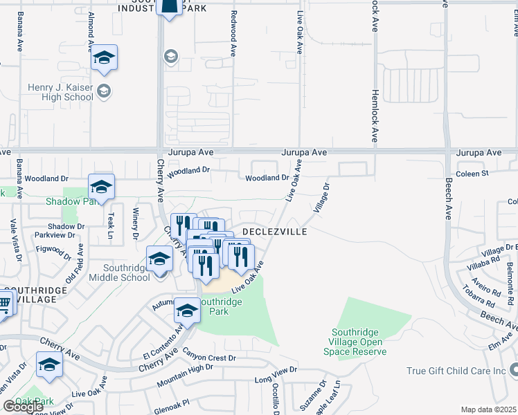map of restaurants, bars, coffee shops, grocery stores, and more near 14762 Shadow Drive in Fontana