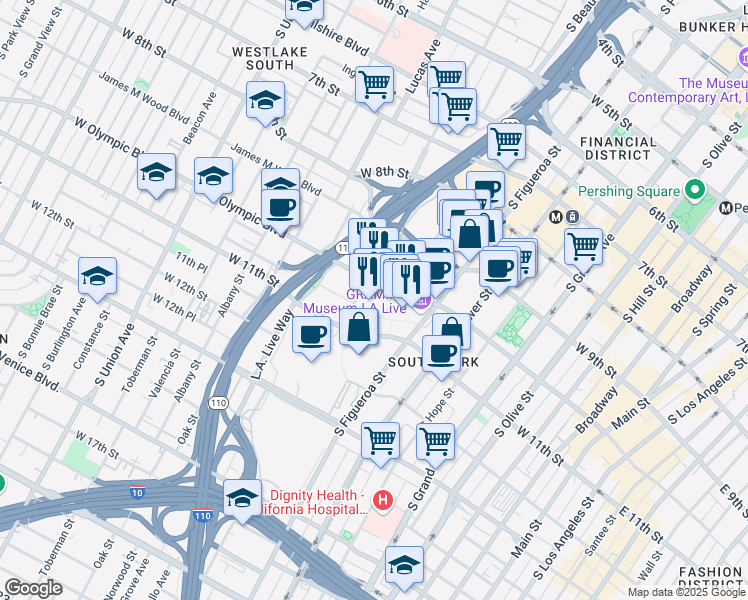 map of restaurants, bars, coffee shops, grocery stores, and more near 900 West Olympic Boulevard in Los Angeles