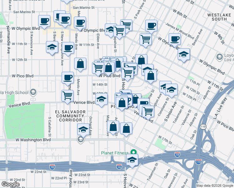 map of restaurants, bars, coffee shops, grocery stores, and more near 1425 Arapahoe Street in Los Angeles