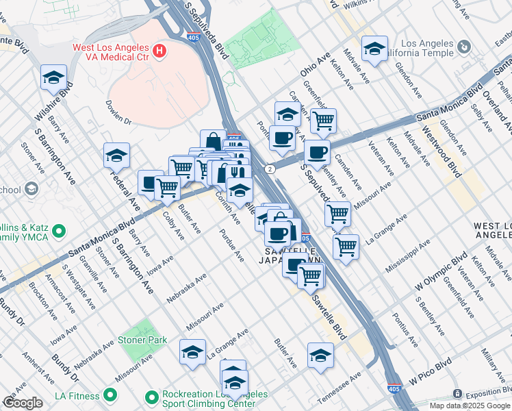 map of restaurants, bars, coffee shops, grocery stores, and more near 1700 Sawtelle Boulevard in Los Angeles