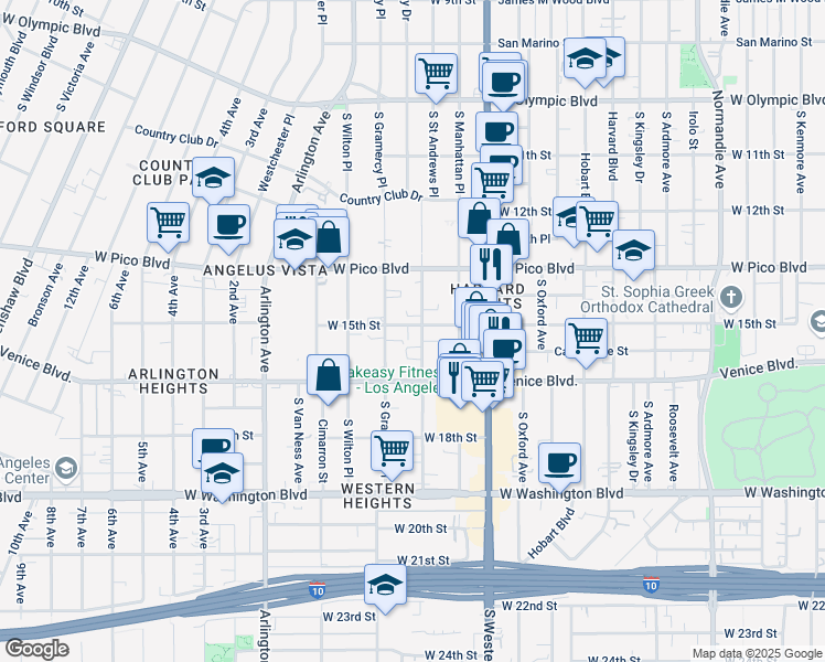 map of restaurants, bars, coffee shops, grocery stores, and more near 1511 South Saint Andrews Place in Los Angeles
