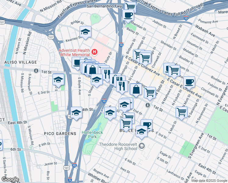 map of restaurants, bars, coffee shops, grocery stores, and more near in Los Angeles