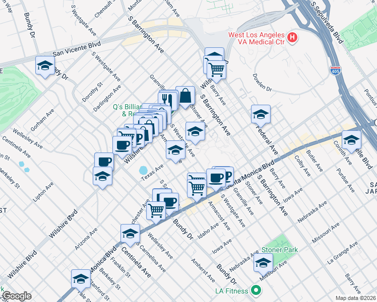 map of restaurants, bars, coffee shops, grocery stores, and more near 1301 South Westgate Avenue in Los Angeles