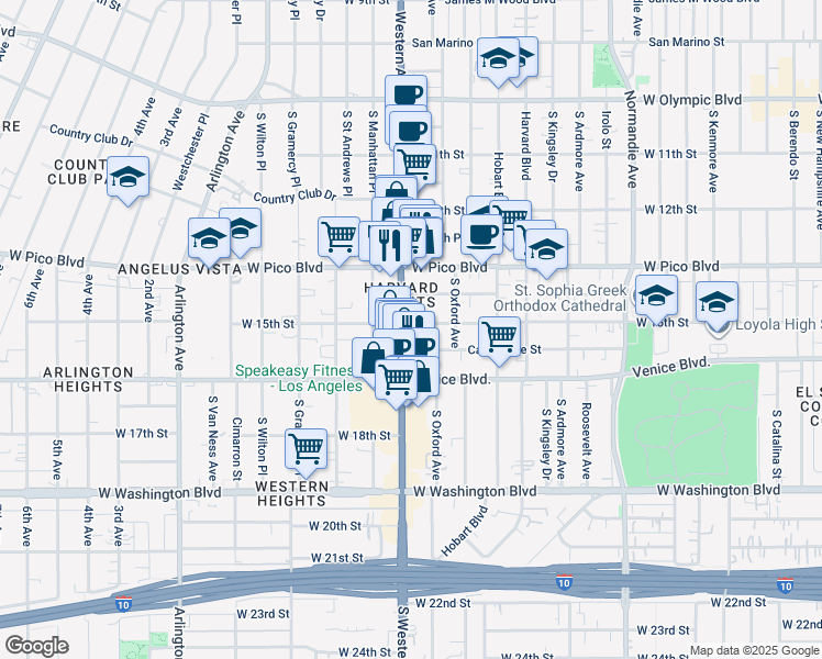 map of restaurants, bars, coffee shops, grocery stores, and more near 2982 West 15th Street in Los Angeles