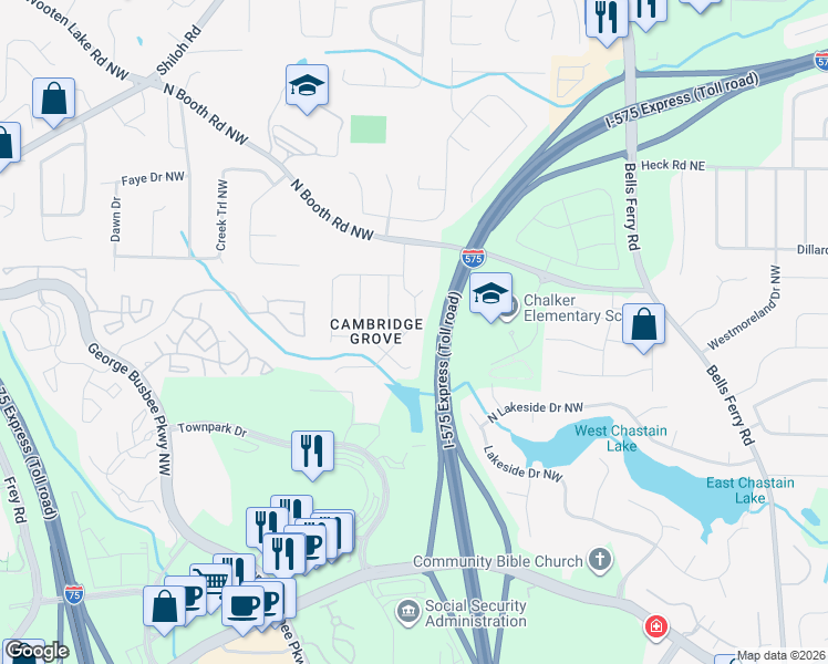 map of restaurants, bars, coffee shops, grocery stores, and more near 3658 Southwick Drive Northwest in Kennesaw