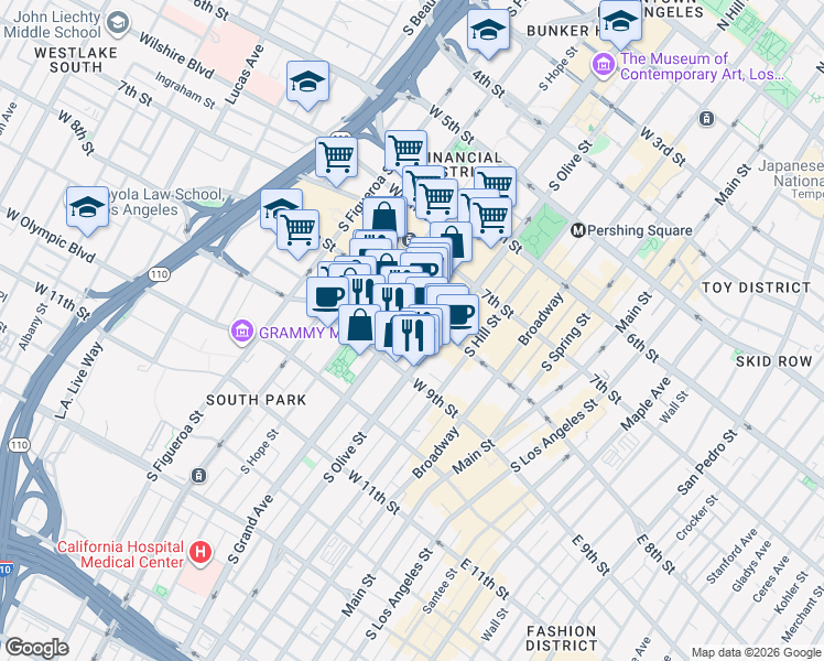 map of restaurants, bars, coffee shops, grocery stores, and more near in Los Angeles