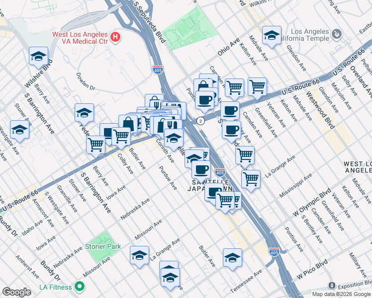 map of restaurants, bars, coffee shops, grocery stores, and more near 1700 Sawtelle Boulevard in Los Angeles