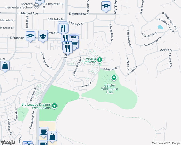 map of restaurants, bars, coffee shops, grocery stores, and more near 2010 Chaparral Street in West Covina