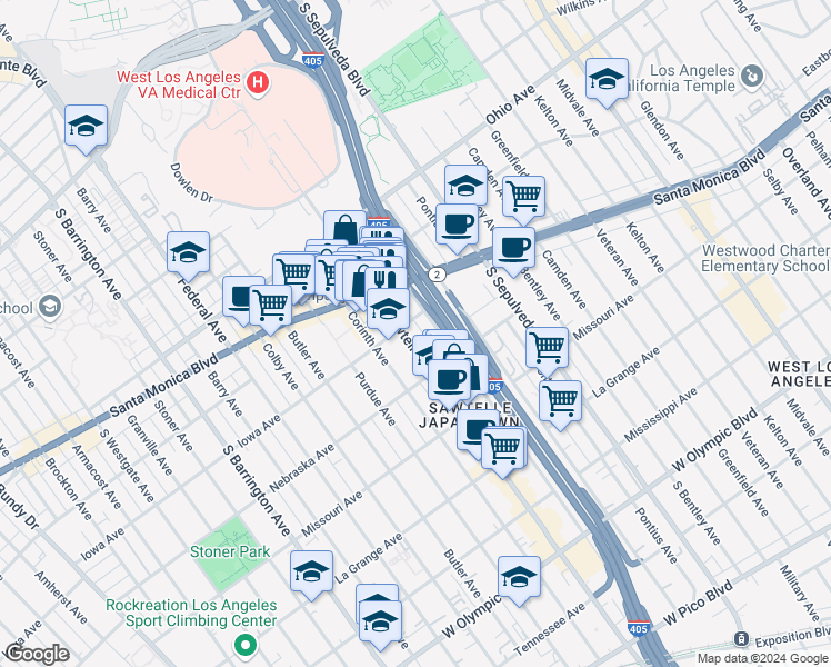 map of restaurants, bars, coffee shops, grocery stores, and more near 1700 Sawtelle Boulevard in Los Angeles