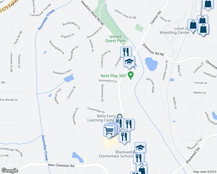 map of restaurants, bars, coffee shops, grocery stores, and more near 636 Middlegate Court Northeast in Marietta