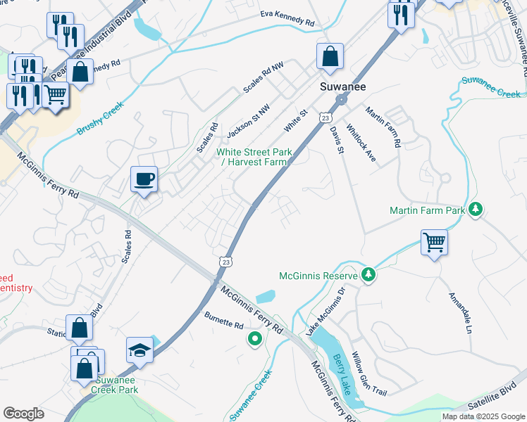 map of restaurants, bars, coffee shops, grocery stores, and more near 780 U.S. 23 in Suwanee