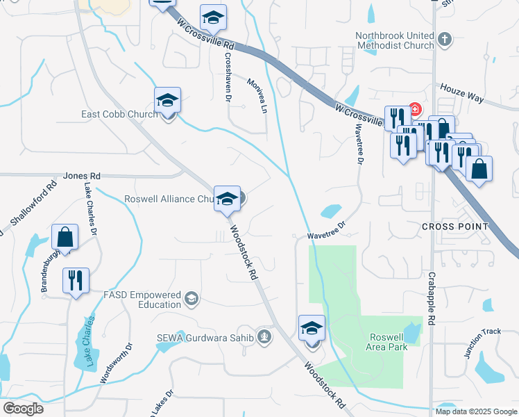 map of restaurants, bars, coffee shops, grocery stores, and more near 155 Amberly Place in Roswell