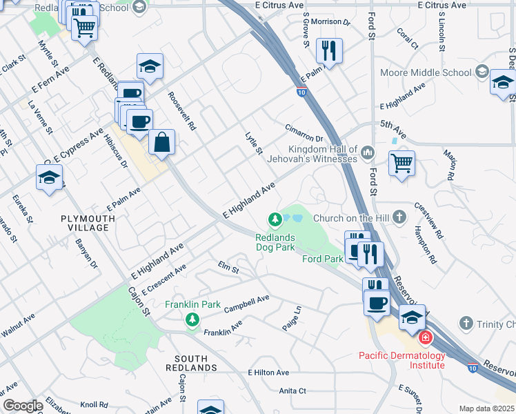map of restaurants, bars, coffee shops, grocery stores, and more near 800 East Highland Avenue in Redlands