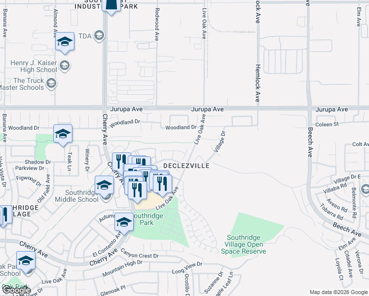 map of restaurants, bars, coffee shops, grocery stores, and more near 11451 Blackstone Court in Fontana