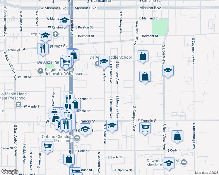 map of restaurants, bars, coffee shops, grocery stores, and more near 1537 South Pleasant Avenue in Ontario