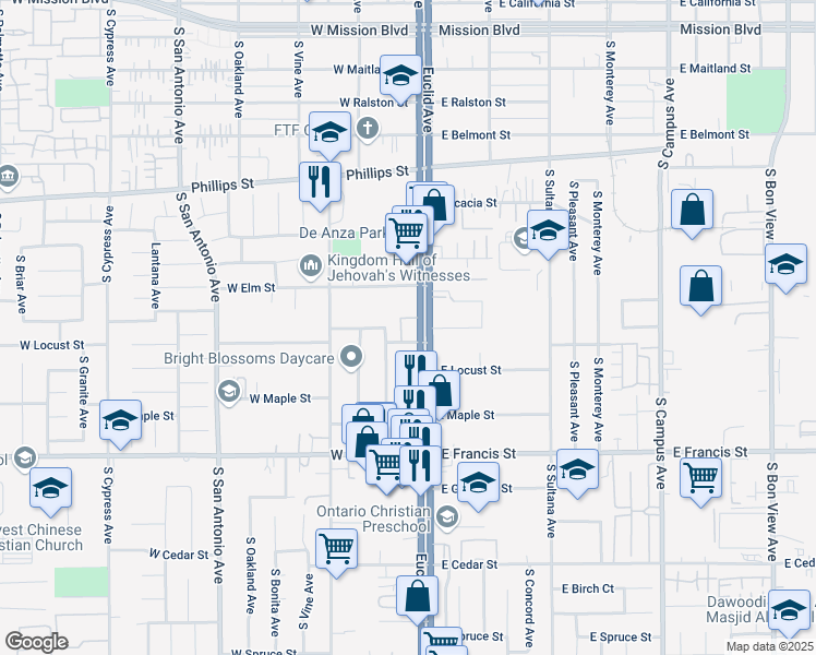 map of restaurants, bars, coffee shops, grocery stores, and more near 1526 South Euclid Avenue in Ontario