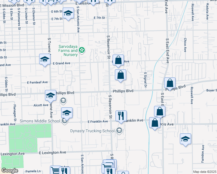 map of restaurants, bars, coffee shops, grocery stores, and more near 1454 South Reservoir Street in Pomona