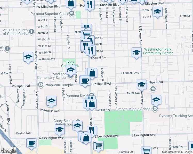 map of restaurants, bars, coffee shops, grocery stores, and more near 1445 South Gibbs Street in Pomona
