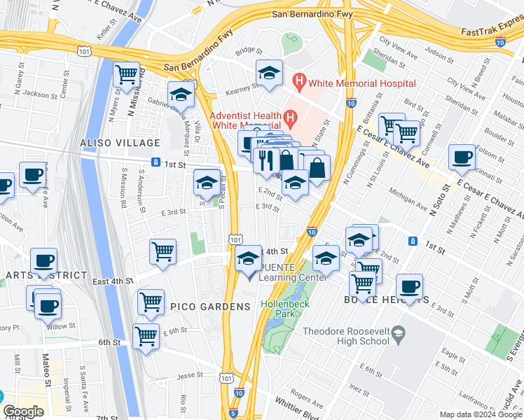 map of restaurants, bars, coffee shops, grocery stores, and more near 1809 East 3rd Street in Los Angeles