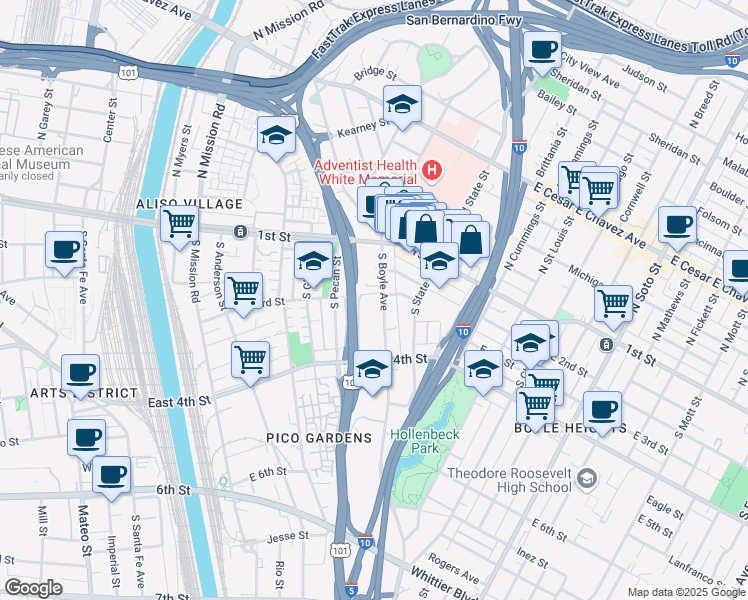 map of restaurants, bars, coffee shops, grocery stores, and more near 1809 East 3rd Street in Los Angeles